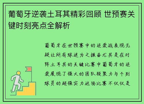 葡萄牙逆袭土耳其精彩回顾 世预赛关键时刻亮点全解析