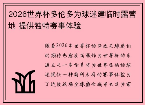 2026世界杯多伦多为球迷建临时露营地 提供独特赛事体验