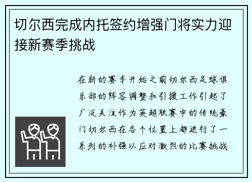 切尔西完成内托签约增强门将实力迎接新赛季挑战
