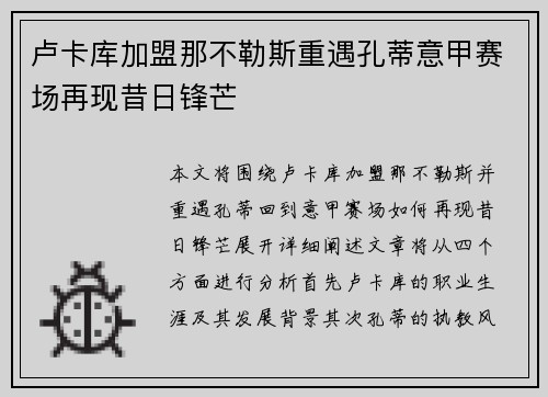 卢卡库加盟那不勒斯重遇孔蒂意甲赛场再现昔日锋芒 卢卡库加盟那不勒斯重遇孔蒂意甲赛场再现昔日锋芒